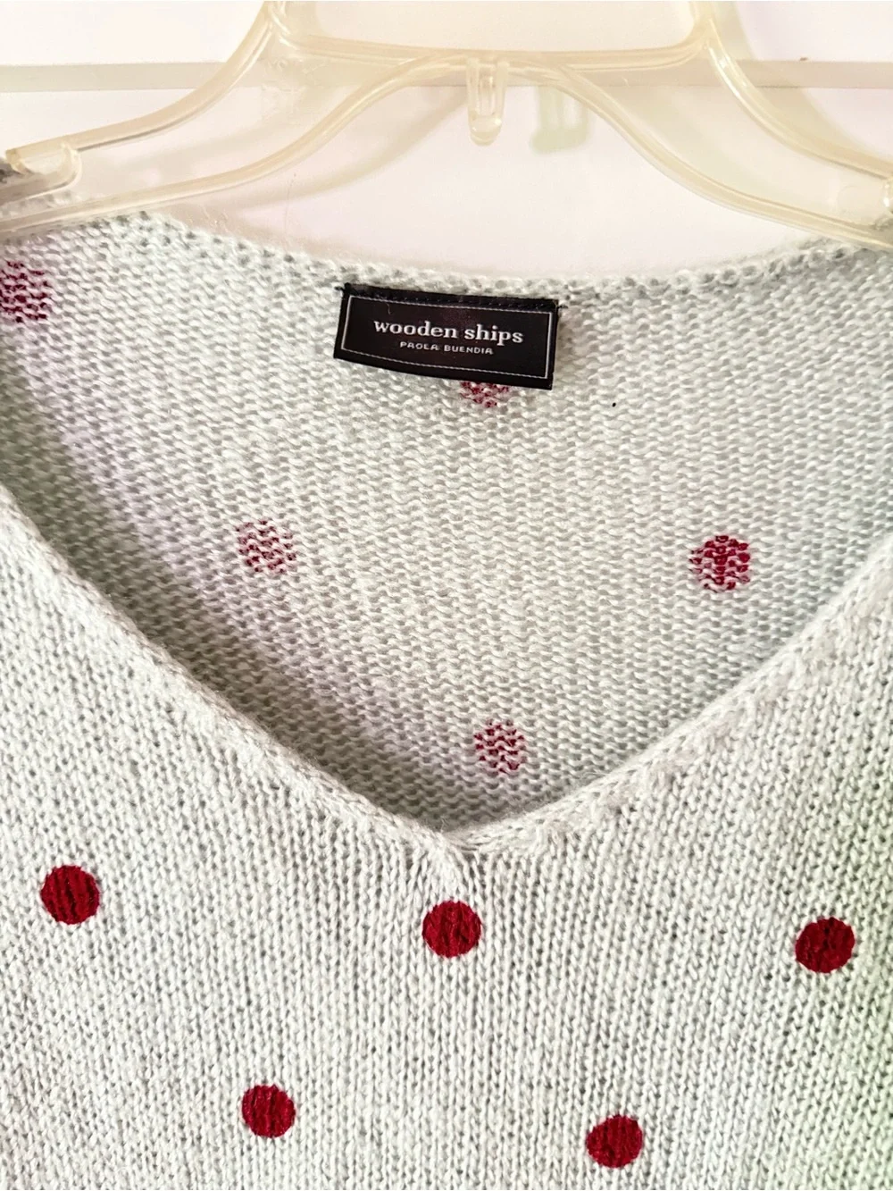 Wooden Ships Light Gray V-Neck Sweater with Red Polka Dots